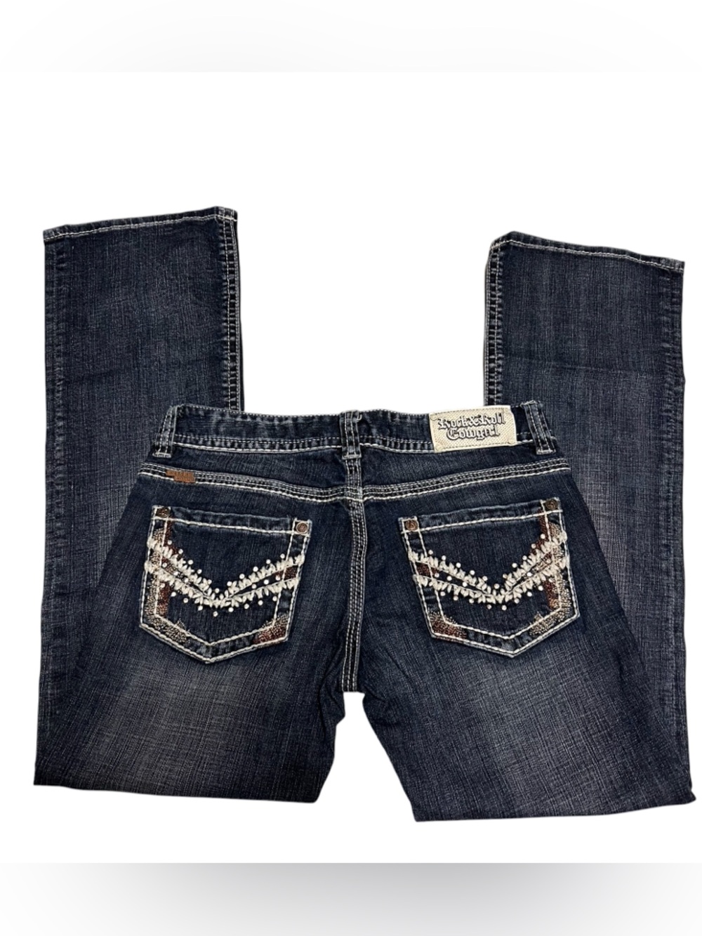 Rock & Roll Cowgirl dark wash lowrise bootcut jeans. Waist 30”